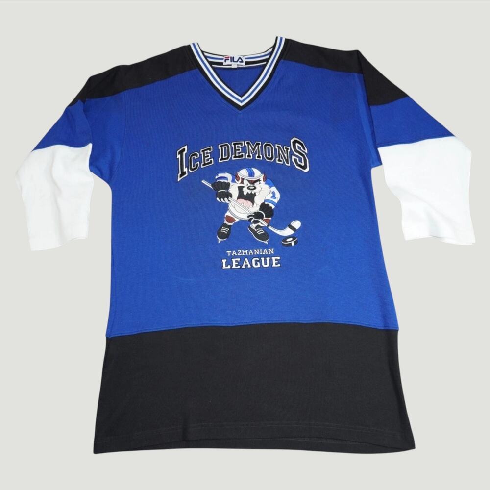 Vintage FILA Hockey Style Jersey Blue Graphic Retro Sports Shirt Men S